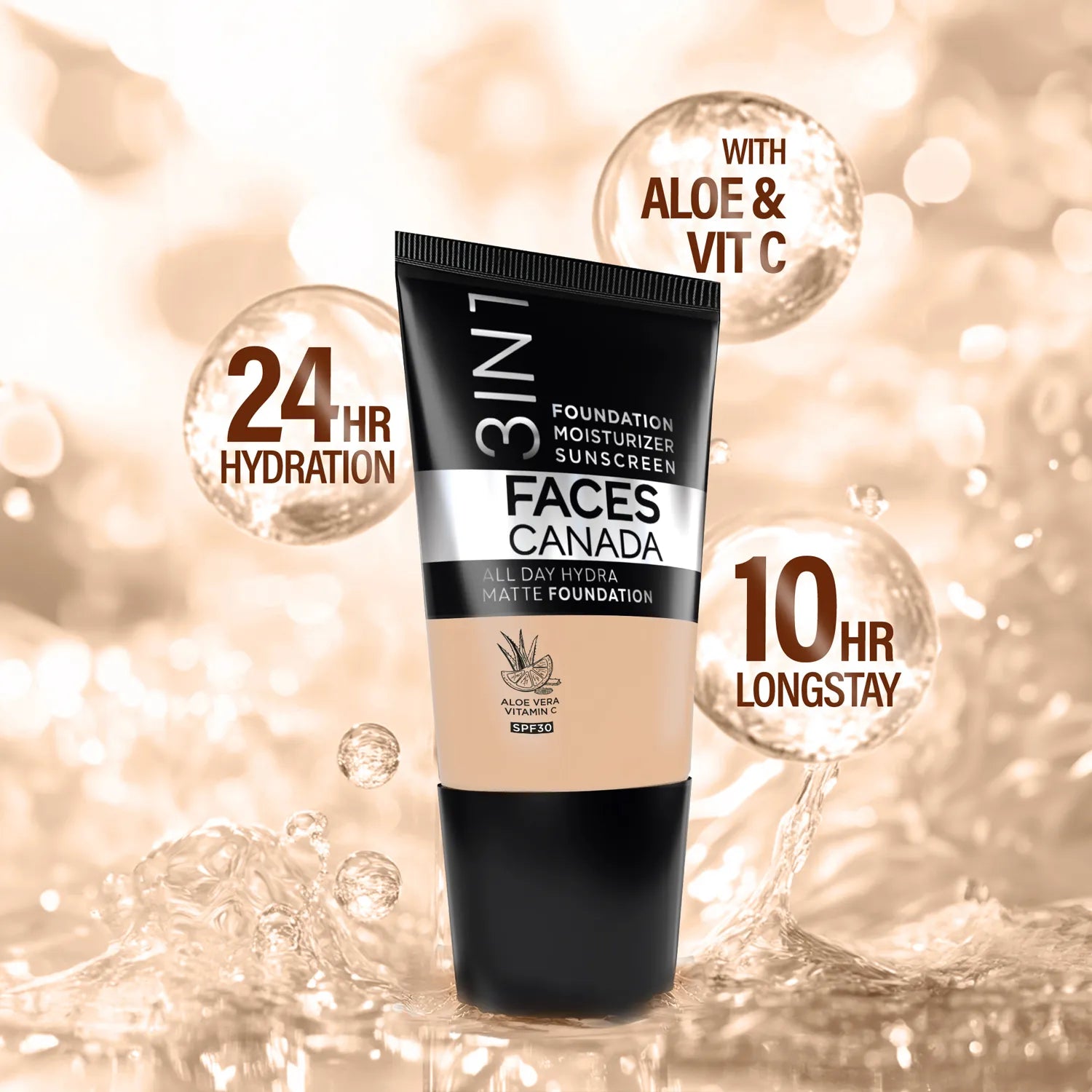 FACES CANADA All Day Hydra Matte Foundation - Mini | 3-in-1 Foundation + Moisturizer + SPF 30 | 24 HR Aloe Hydration & Vitamin C | 10HR Long Wear | Medium to High Buildable Coverage | Absolute Ivory | 18 ml