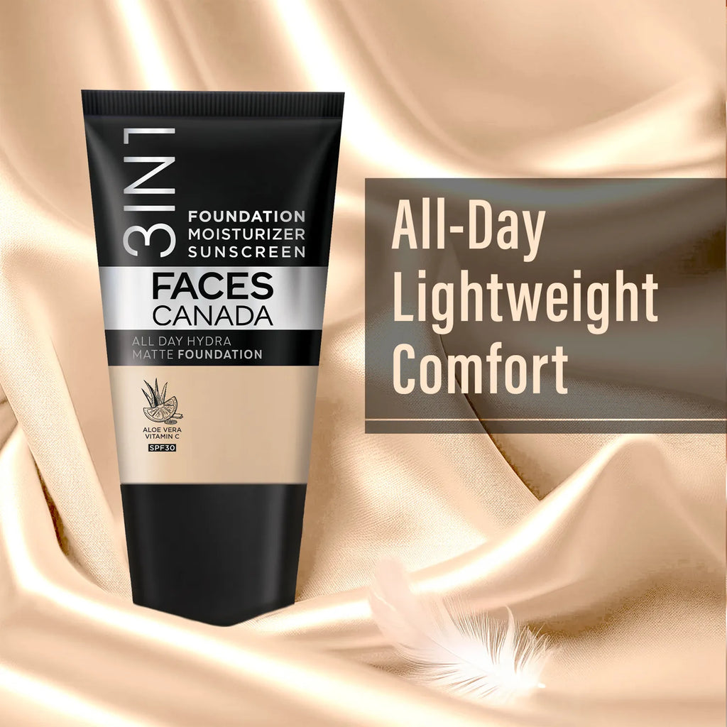 FACES CANADA All Day Hydra Matte Foundation - Mini | 3-in-1 Foundation + Moisturizer + SPF 30 | 24 HR Aloe Hydration & Vitamin C | 10HR Long Wear | Medium to High Buildable Coverage | Absolute Ivory | 18 ml