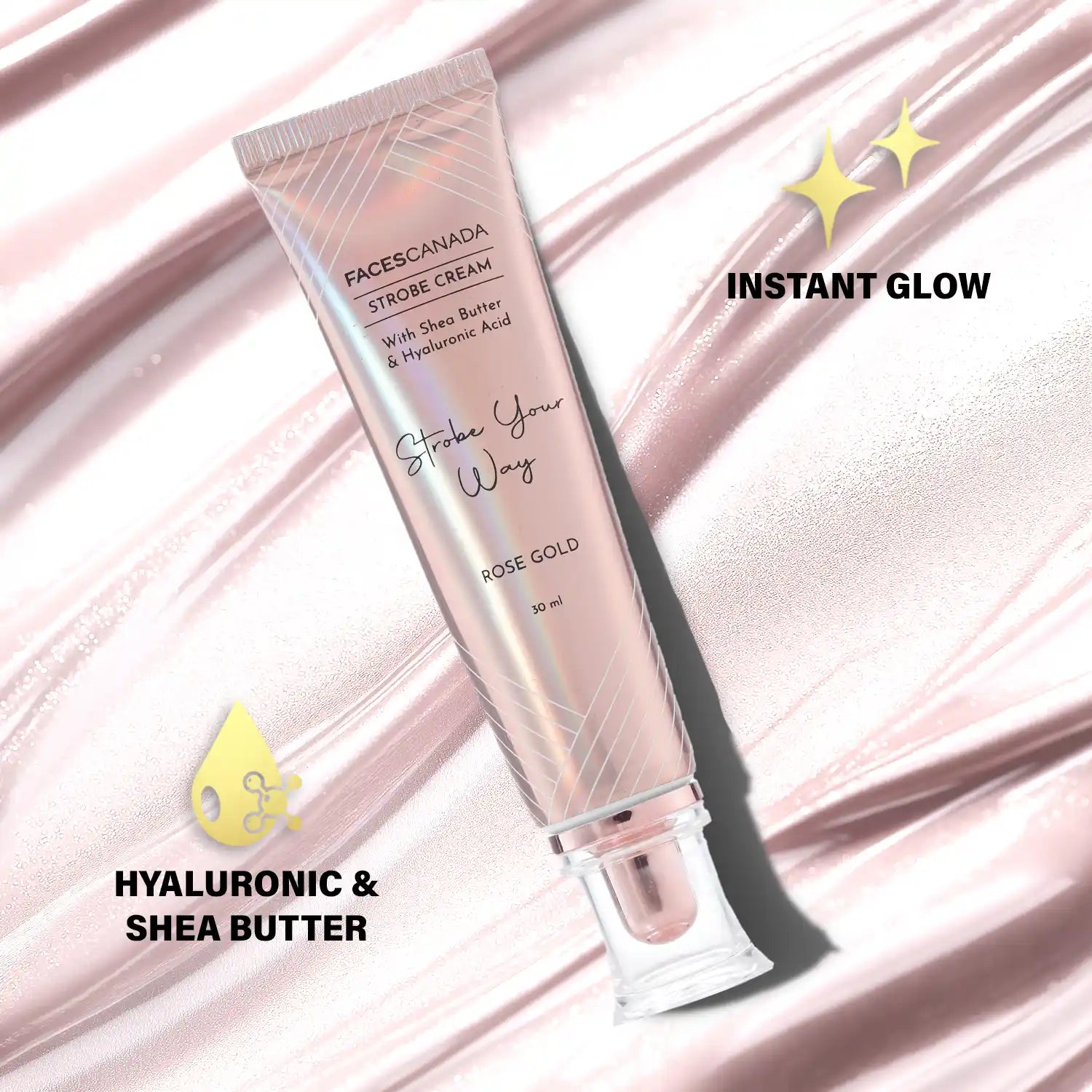 Strobe Cream - Rose Gold, 30 ml | With Shea Butter & Hyaluronic Acid | Intense Hydration | Dewy Skin | Illuminating & Glowing Makeup Base