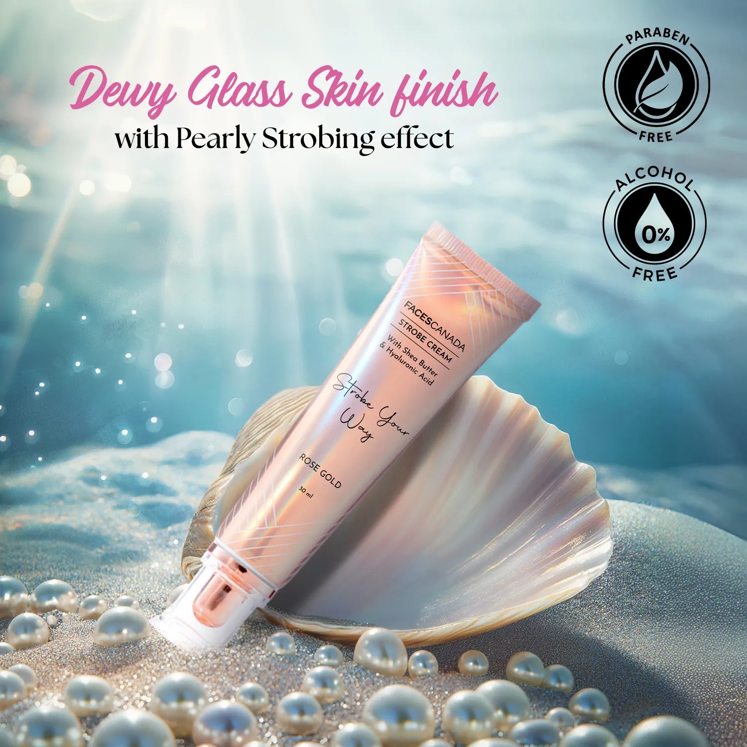 Strobe Cream - Rose Gold, 30 ml | With Shea Butter & Hyaluronic Acid | Intense Hydration | Dewy Skin | Illuminating & Glowing Makeup Base