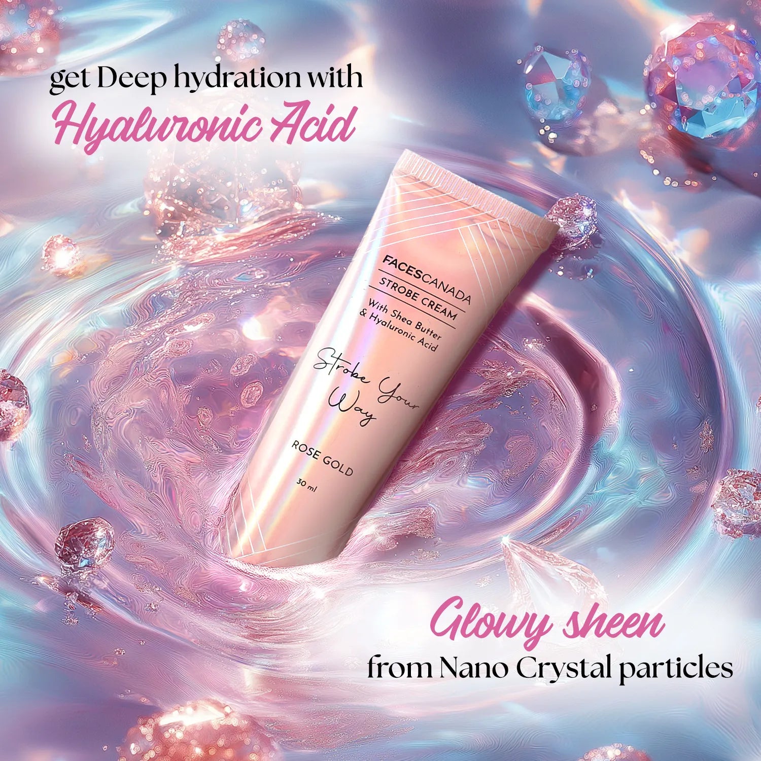 Strobe Cream - Rose Gold, 30 ml | With Shea Butter & Hyaluronic Acid | Intense Hydration | Dewy Skin | Illuminating & Glowing Makeup Base