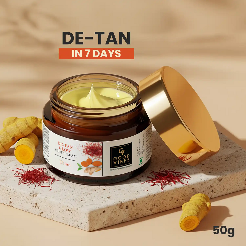 Good Vibes De-Tan Glow Night Cream Ubtan with Power of Serum | Tan free, Brightening, Pigmentation, Skin renewing, Sleep treatment (50 gm )